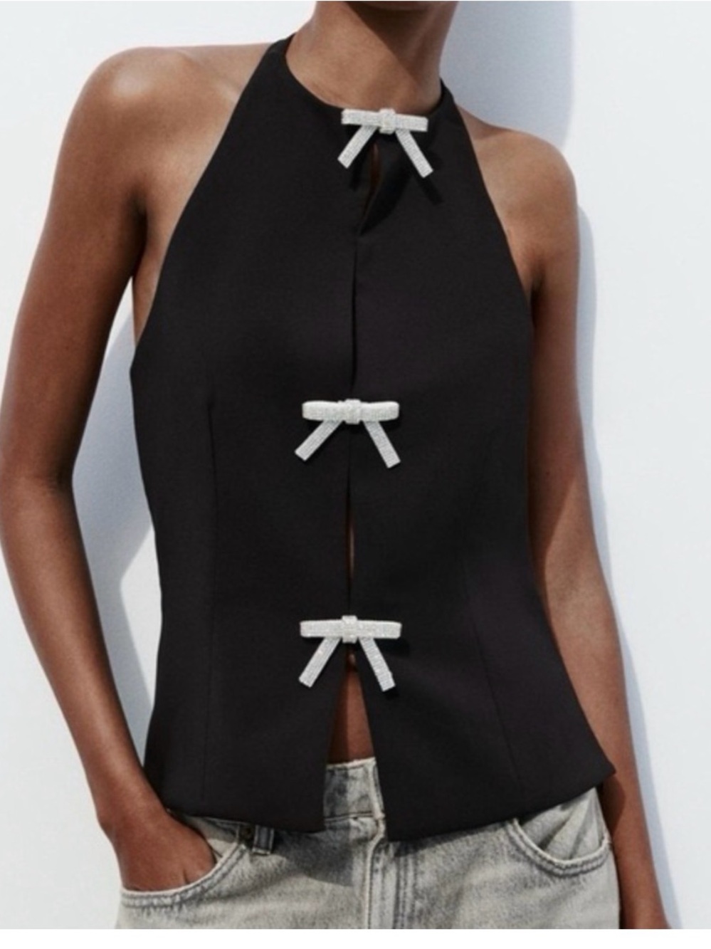 Zara Black Halter Bow-Accent Women's Top